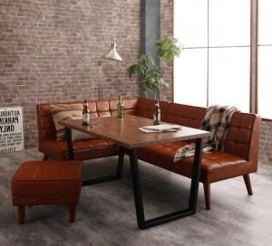 スーパSALE10倍＆4時間限定10％OFF ダイニングセット（テーブル&ソファ スツール） 古木風 ヴィンテージ アメリカンスタイル リビングダイニング 4人 4点セット(テーブル+ソファ1脚+アームソファ1脚+スツール1脚) 左アーム W120