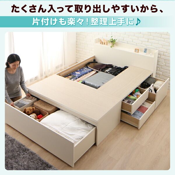 スーパSALE10倍＆4時間限定10％OFF お客様組立 国産 ワイド深型引き出しチェストベッド 棚・コンセント付 薄型プレミアムボンネルコイルマットレス付き ダブル