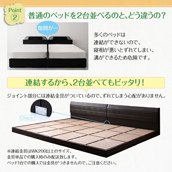 スーパSALE10倍＆4時間限定10％OFF 親子で寝られる棚・コンセント付きレザー連結ベッド 国産ポケットコイルマットレス付き ワイドK260(SD+D)