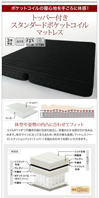スーパSALE10倍＆4時間限定10％OFF 北欧ヴィンテージ 棚・コンセント付き収納ベッド 国産カバーポケットコイルマットレス付き シングル
