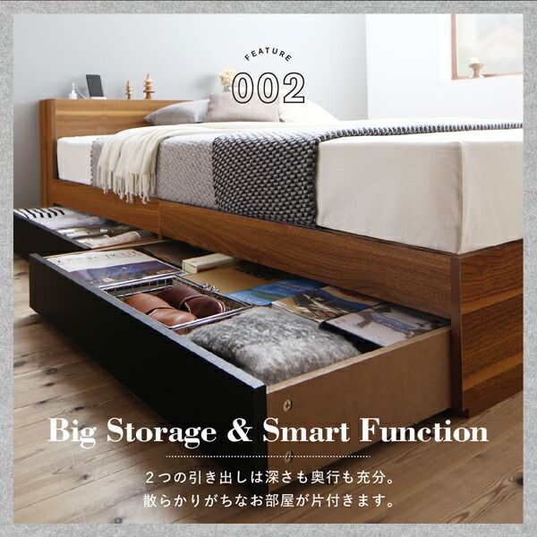 スーパSALE10倍＆4時間限定10％OFF 北欧ヴィンテージ 棚・コンセント付き収納ベッド 国産カバーポケットコイルマットレス付き シングル