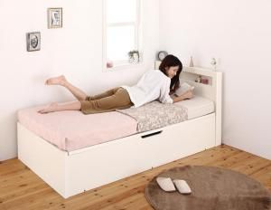スーパSALE10倍＆4時間限定10％OFF 小さな部屋に合うショート丈収納ベッド 薄型抗菌国産ポケットコイルマットレス付き セミシングル ショート丈 深さグランド