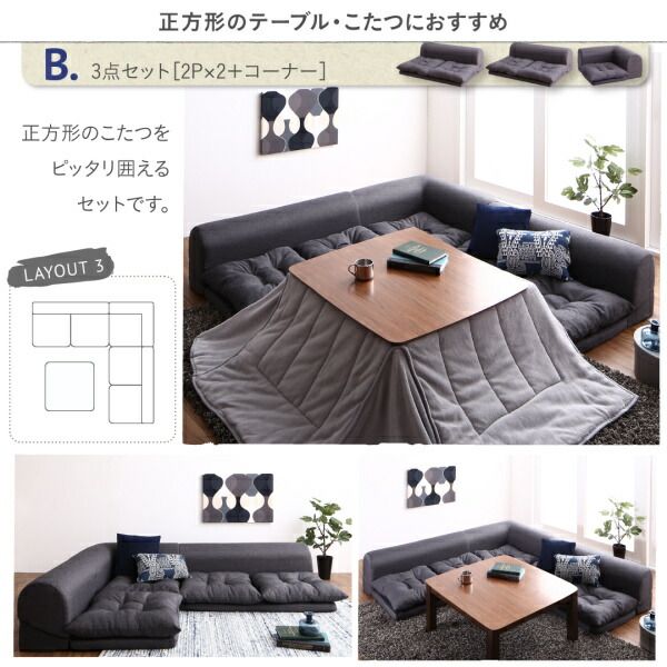 スーパSALE10倍＆4時間限定10％OFF セット フロアコーナーソファ ソファ フロアソファ こたつ こたつソファ コーナー コーナーソファ 床生活 ローソファ 布 ファブリック グレー ネイビー ソファ3点セット 2P×2+コーナー