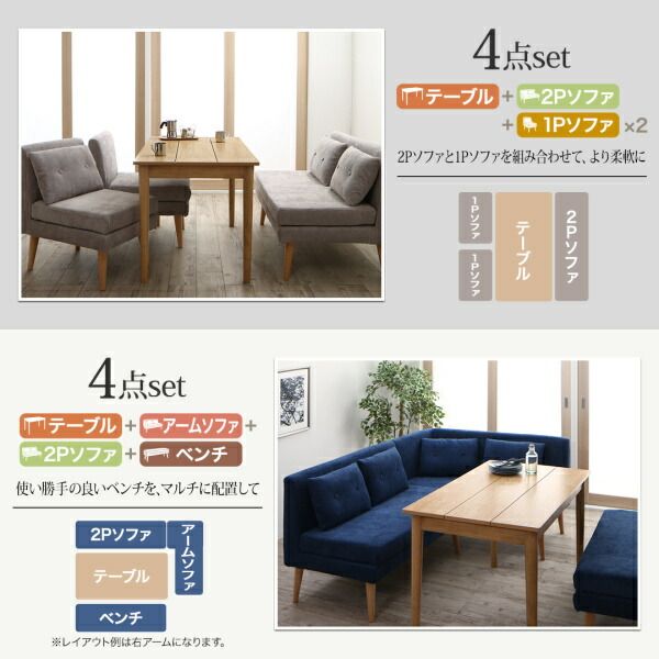 スーパSALE10倍＆4時間限定10％OFF 北欧デザインソファ リビングダイニングセット 4点セット(テーブル＋2Pソファ1脚+アームソファ1脚+ベンチ1脚) 左アーム W115