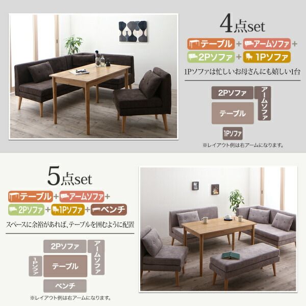 スーパSALE10倍＆4時間限定10％OFF 北欧デザインソファ リビングダイニングセット 4点セット(テーブル＋2Pソファ1脚+アームソファ1脚＋1Pソファ1脚) 左アーム W115
