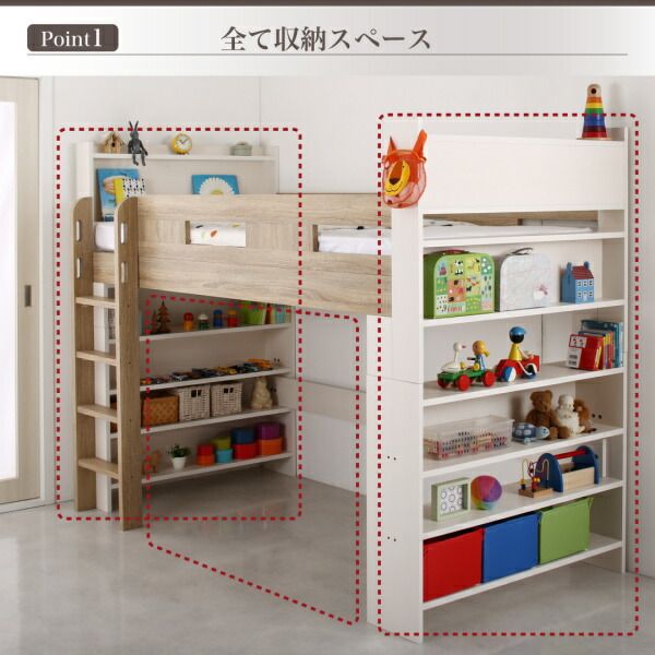 スーパSALE10倍＆4時間限定10％OFF お客様組立 棚・コンセント付きシステムロフトベッド ナチュラル 薄型軽量ボンネルコイルマットレス付き シングル
