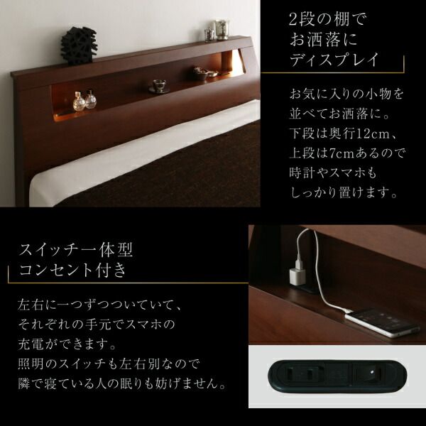 スーパSALE10倍＆4時間限定10％OFF 高級ウォルナット材ワイドサイズ収納ベッド  ボンネルコイルマットレス付き スリムタイプ ダブル