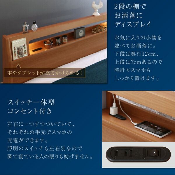 高級アルダー材ワイドサイズデザイン収納ベッド ボンネルコイルマットレス付き スリムタイプ ダブル