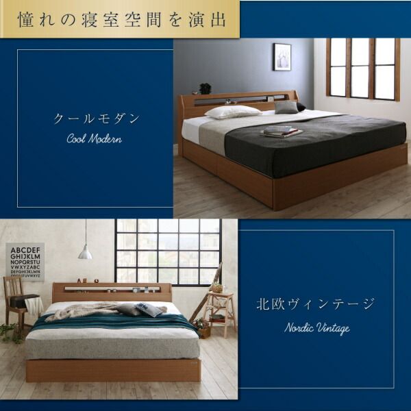 高級アルダー材ワイドサイズデザイン収納ベッド ボンネルコイルマットレス付き スリムタイプ ダブル