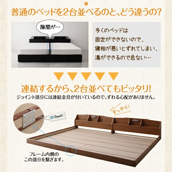 スーパSALE10倍＆4時間限定10％OFF 親子で寝られる収納棚・照明付き連結ベッド 国産ポケットコイルマットレス付き クイーン(SS×2)