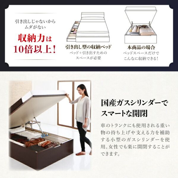 スーパSALE10倍＆4時間限定10％OFF お客様組立 棚・コンセント付国産大型サイズ跳ね上げ収納ベッド ベッドフレームのみ 縦開き クイーン(SS×2)