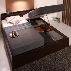 スーパSALE10倍＆4時間限定10％OFF お客様組立 棚・コンセント付国産大型サイズ跳ね上げ収納ベッド 薄型スタンダードボンネルコイルマットレス付き 縦開き クイーン(SS×2)