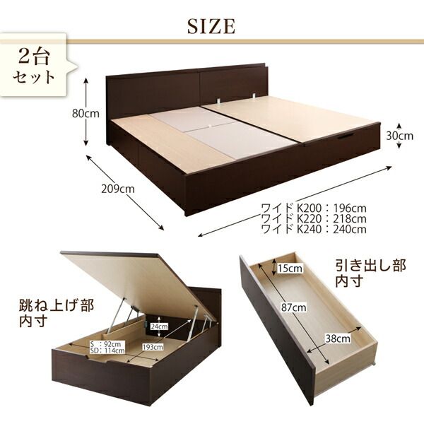 スーパSALE10倍＆4時間限定10％OFF お客様組立 壁付できる棚コンセント付国産ファミリー収納ベッド スタンダードボンネルコイルマットレス付き A+Bタイプ ワイドK240(SD×2)