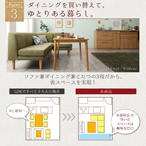 スーパSALE10倍＆4時間限定10％OFF 年中快適 こたつもソファも高さ調節 リビングダイニングセット 3人 4点セット(テーブル+2Pソファ1脚+1Pソファ1脚+コーナーソファ1脚) W105