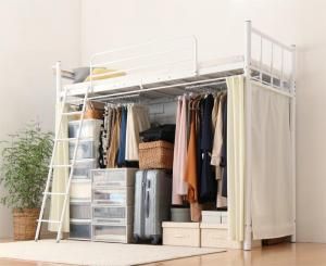スーパSALE10倍＆4時間限定10％OFF 狭い部屋におすすめ　おしゃれな選べるロフトベッドシリーズ 固綿マットレス付き カーテン・ハンガーポール付タイプ シングル