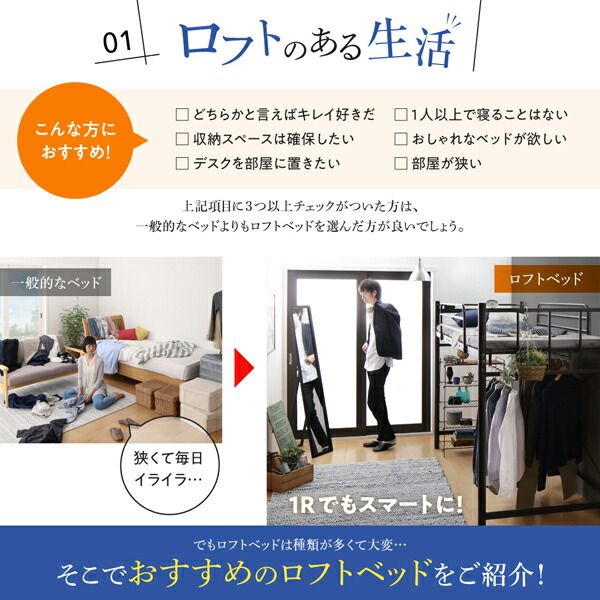 スーパSALE10倍＆4時間限定10％OFF 狭い部屋におすすめ　おしゃれな選べるロフトベッドシリーズ 固綿マットレス付き 天然木タイプ シングル