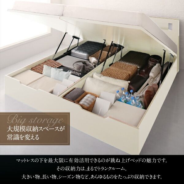 スーパSALE10倍＆4時間限定10％OFF ベッド 収納付きベッド 収納 収納付 跳ね上げベッド 深型 連結 コンセント付 大容量 宮付き 照明 クイーン おしゃれ お客様組立 薄型スタンダードボンネルコイルマットレス付 縦開 クイーン(SS×2) 深さレギュラー