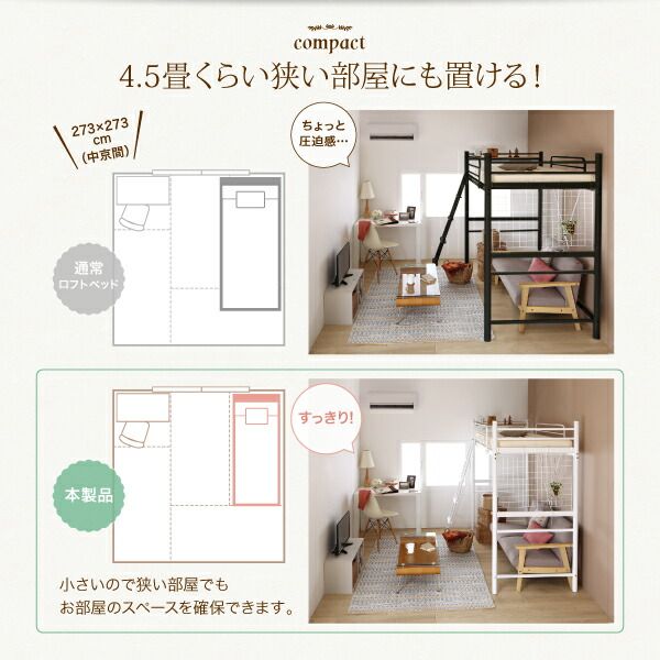 スーパSALE10倍＆4時間限定10％OFF コンパクトロフトベッド ベッドフレームのみ セミシングル ショート丈