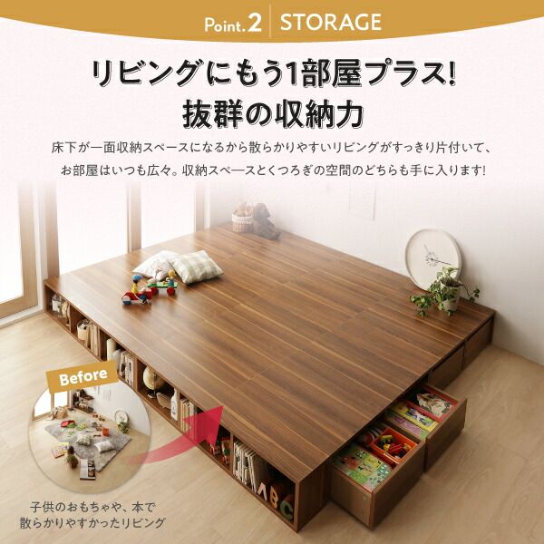 スーパSALE10倍＆4時間限定10％OFF お客様組立 シェルフ棚・引出収納付きベッドとしても使えるフローリング調デザイン小上がり セミダブル