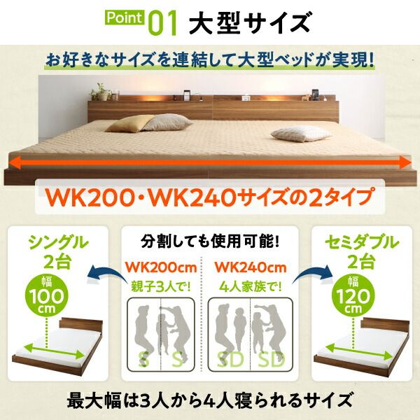 スーパSALE10倍＆4時間限定10％OFF MITAS寝具SELECT セットでお得 ライト・コンセント付大型連結フロアベッド スタンダードポケットコイルマットレス付き タオル ワイドK240(SD×2)