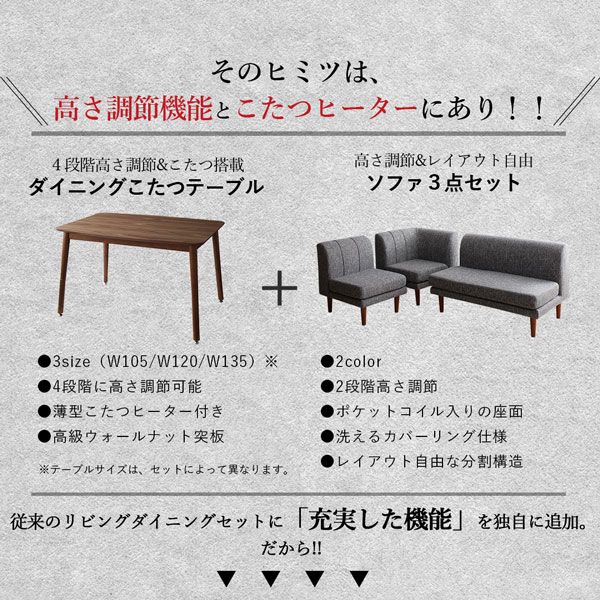 スーパSALE10倍＆4時間限定10％OFF ダイニングセット（テーブル&ソファ） 年中快適こたつもソファも高さ調節リビングダイニング 3人 4点セット(テーブル+2Pソファ1脚+1Pソファ1脚+コーナーソファ1脚) W120