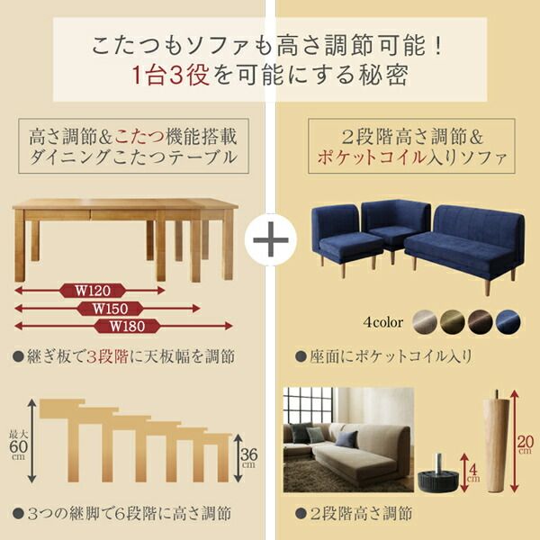 スーパSALE10倍＆4時間限定10％OFF ダイニングテーブル 6人掛け 6人 伸縮 伸縮テーブル 高さ調節 こたつ こたつテーブル単品 W120-180