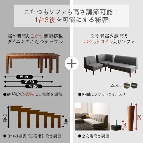 スーパSALE10倍＆4時間限定10％OFF ダイニングテーブル ダイニング 高さ調節可能 3段階伸長式 大型こたつソファダイニングシリーズ ダイニングこたつテーブル単品 W120-180