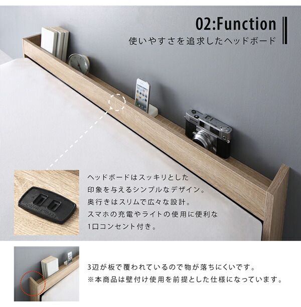 マラソン10倍中 棚 コンセント付き フロア ロー ベッド セカンド プレミアムポケットコイルマットレス付き セミダブル