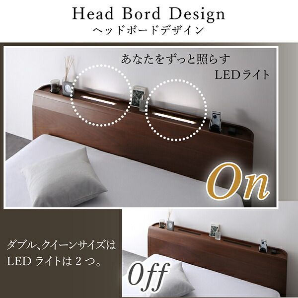 マラソン10倍中 棚・コンセント・LED照明付き高級モダンローベッド 最高級国産ナノポケットコイルマットレス付き ワイドK200