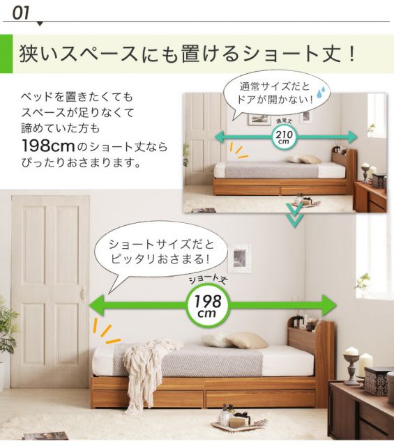 マラソン10倍中 ベッド ショート丈 ベッドフレーム マットレス付き 収納付き 木製 コンセント付き 収納ベッド コンパクト 引き出し付き ホワイト シャビー セミシングルベッド スタンダードボンネル付き