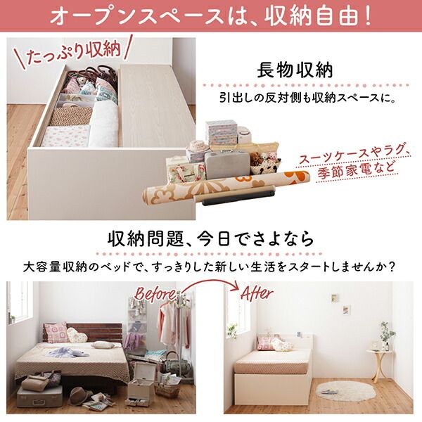 マラソン10倍中 お客様組立 日本製 大容量コンパクトすのこチェスト収納ベッド 薄型プレミアムボンネルコイルマットレス付き ヘッドレス セミシングル