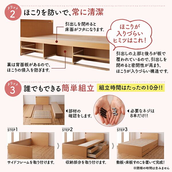 マラソン10倍中 お客様組立 日本製 大容量コンパクトすのこチェスト収納ベッド 薄型プレミアムボンネルコイルマットレス付き ヘッドレス セミシングル