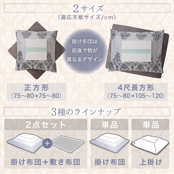 スーパSALE10倍＆4時間限定10％OFF ダマスク柄フランネルこたつ布団 掛布団&敷布団2点セット 4尺長方形(80×120cm)天板対応