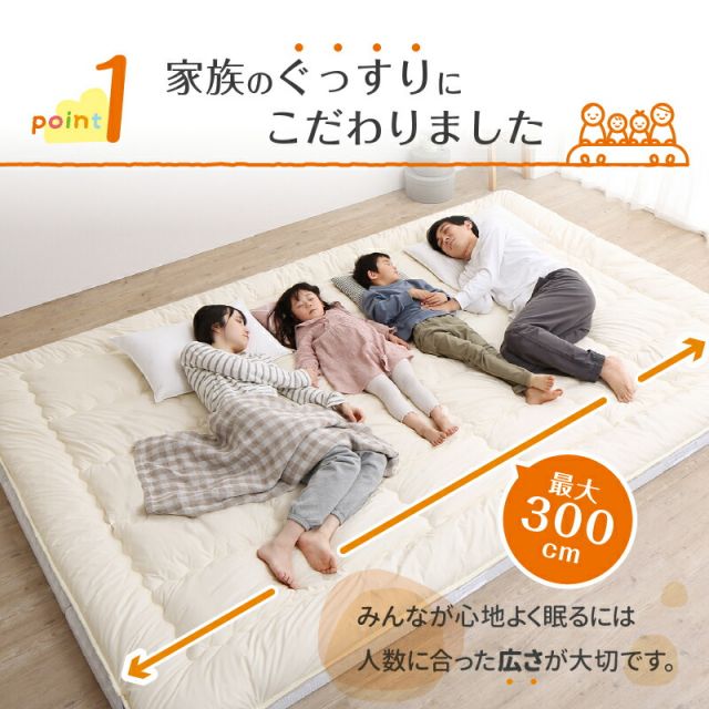 MITAS寝具SELECT 敷布団 敷き布団 マットレス  ワイドキング ファミリー 大きい 大きいサイズ 子供 家族 5人 4人 3人 布団 収納 折りたたみ 日本製 抗菌 防臭 防ダニ 綿100% 軽量 すき間パッド 連結 ふわふわ 洗える 上層部単品 幅280cm 厚さ3cm