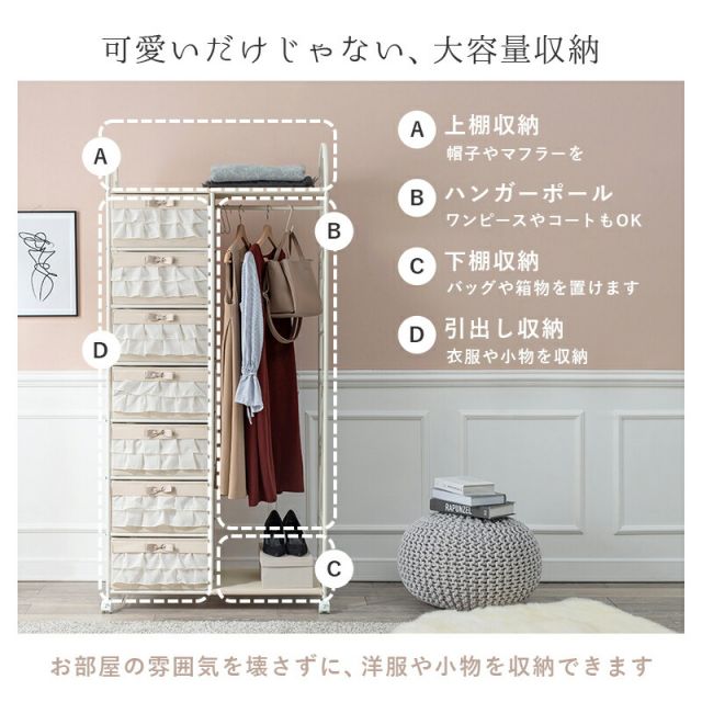 スーパSALE10倍＆4時間限定10％OFF エレガントハンガーラック-KHR/フリル付き引き出し7杯タイプ 80×35.5×172cm