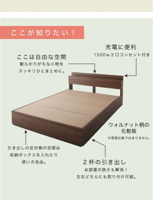 スーパSALE10倍＆4時間限定10％OFF ロングセラー 人気 ベッド ベッドフレーム マットレス付き 収納付き 木製ベッド コンセント付き 収納ベッド 引き出し付きベッド ウォルナットブラウン マットレス付きマットレス付き ダブル 組立設置付