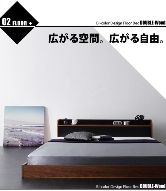 スーパSALE10倍＆4時間限定10％OFF 棚・コンセント付きバイカラーデザインフロアベッド プレミアムボンネルコイルマットレス付き セミダブル 組立設置付