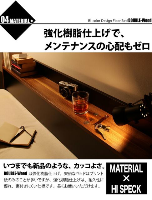スーパSALE10倍＆4時間限定10％OFF 棚・コンセント付きバイカラーデザインフロアベッド マルチラススーパースプリングマットレス付き ダブル 組立設置付