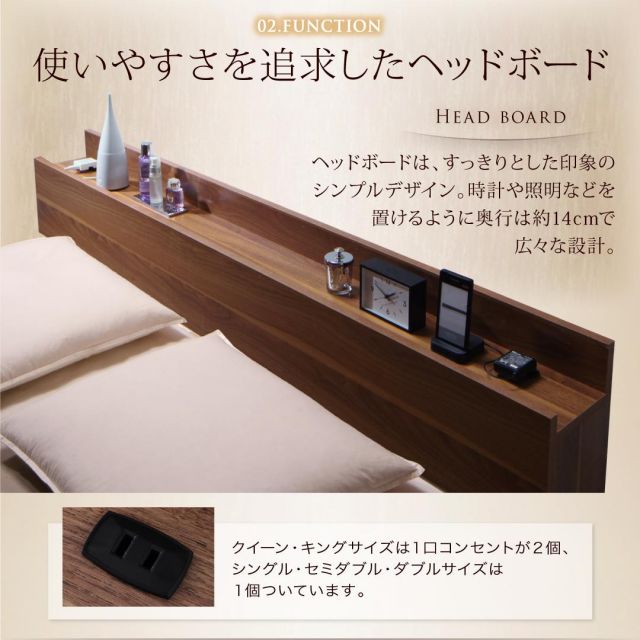 棚・コンセント付きフロアベッド 国産カバーポケットコイルマットレス付き クイーン(Q×1) 組立設置付