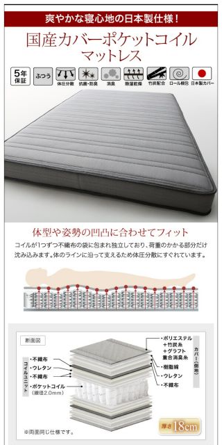 モダンデザインベッド 国産カバーポケットコイルマットレス付き セミダブル 組立設置付
