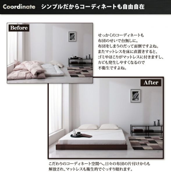 シンプルデザイン/ヘッドボードレスフロアベッド プレミアムボンネルコイルマットレス付き シングル 組立設置付