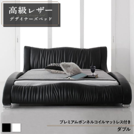 スーパSALE10倍＆4時間限定10％OFF モダンデザイン・高級レザー・デザイナーズベッド プレミアムボンネルコイルマットレス付き ダブル 組立設置付