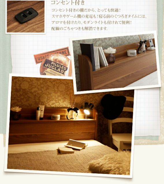 スーパSALE10倍＆4時間限定10％OFF ショート丈 棚・コンセント付き収納ベッド スタンダードボンネルコイルマットレス付き シングル ショート丈 組立設置付