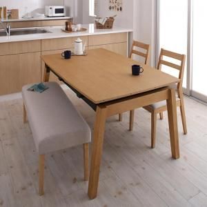 スーパSALE10倍＆4時間限定10％OFF 天然木オーク材 スライド伸縮式ダイニングセット 4人 4点セット(テーブル+チェア2脚+ベンチ1脚) W140-240 組立設置付