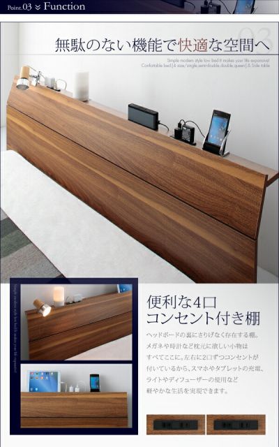 スーパSALE10倍＆4時間限定10％OFF 棚・4口コンセント付きデザインフロアローベッド スタンダードボンネルコイルマットレス付き クイーン(Q×1） 組立設置付