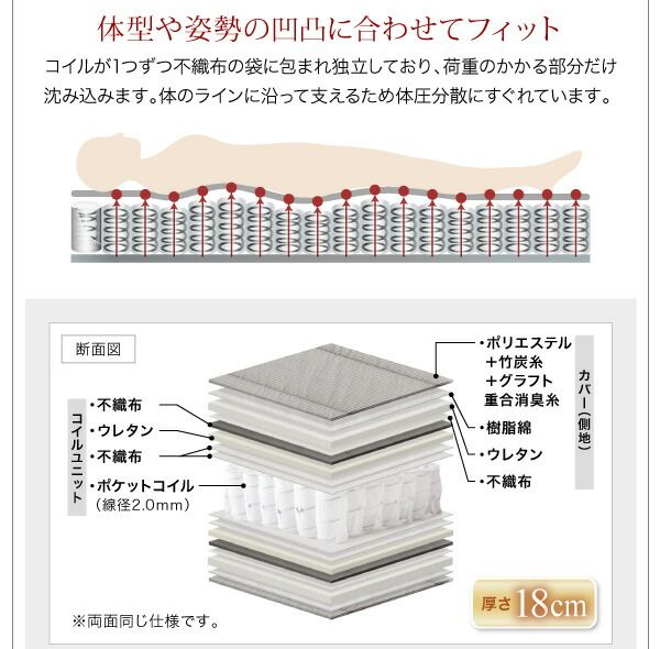 モダンライト・棚・コンセント付きデザインフロアローベッド 国産ポケットコイルマットレス付き ダブル 組立設置付
