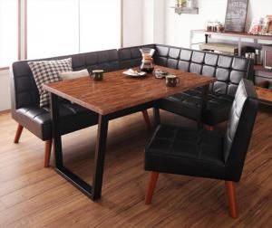 スーパSALE10倍＆4時間限定10％OFF ダイニングセット（テーブル&ソファ チェア） 古木風 ヴィンテージ カフェスタイル リビングダイニング 4人 4点セット(テーブル+ソファ1脚+アームソファ1脚+チェア1脚) 右アーム W120 組立設置付
