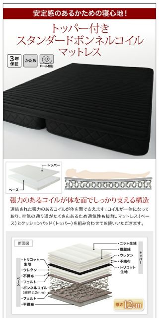 スーパSALE10倍＆4時間限定10％OFF 北欧ヴィンテージ 棚・コンセント付き収納ベッド トッパー付きスタンダードボンネルコイルマットレス付き ダブル 組立設置付