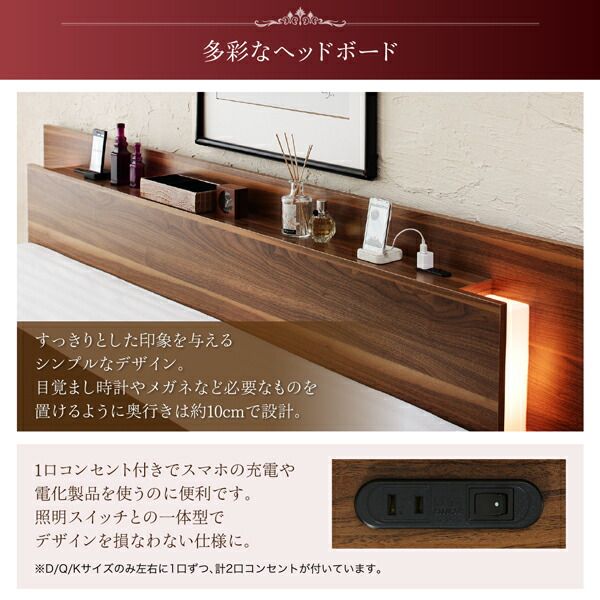 スーパSALE10倍＆4時間限定10％OFF ロングセラー フロアベッド 棚付き 棚 コンセント付き コンセント モダンライト付き 北欧 ウォルナットブラウン ブラック おしゃれ 快適 ゆったり すのこ プレミアムポケットコイルマットレス付き ダブル 組立設置付