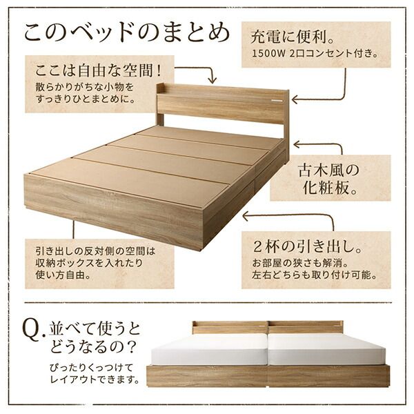 ヴィンテージデザイン 棚・コンセント付き収納ベッド 国産カバーポケットコイルマットレス付き セミダブル 組立設置付